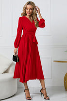 V-Neck Long Sleeve Tie Waist Midi Dress - Guy Christopher 