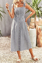 Smocked Tie Strap Sleeveless Striped Midi Dress - Guy Christopher 