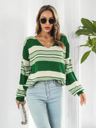 Striped V-Neck Long Sleeve Knit Top - Guy Christopher 