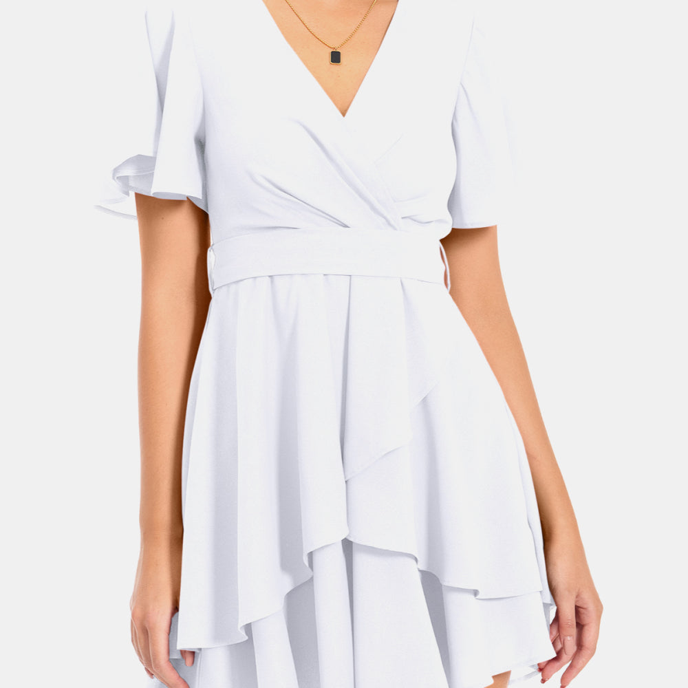 Surplice Neck Flutter Sleeve Dress - Guy Christopher 