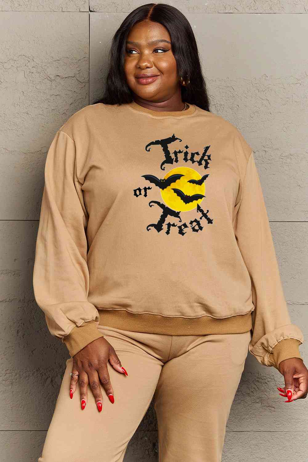 Simply Love Full Size TRICK OR TREAT Graphic Sweatshirt - Guy Christopher 