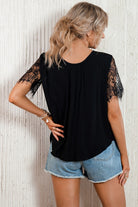 Strappy Neck Spliced Lace Eyelash Trim Blouse - Guy Christopher 