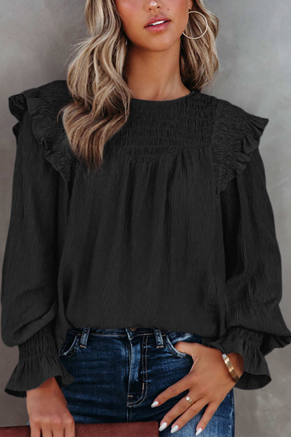 Smocked Flounce Sleeve Blouse - Guy Christopher 