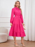 Tie Neck Long Sleeve Tiered Dress - Guy Christopher 