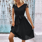 V-Neck Tie Belt Pleated Dress - Guy Christopher 