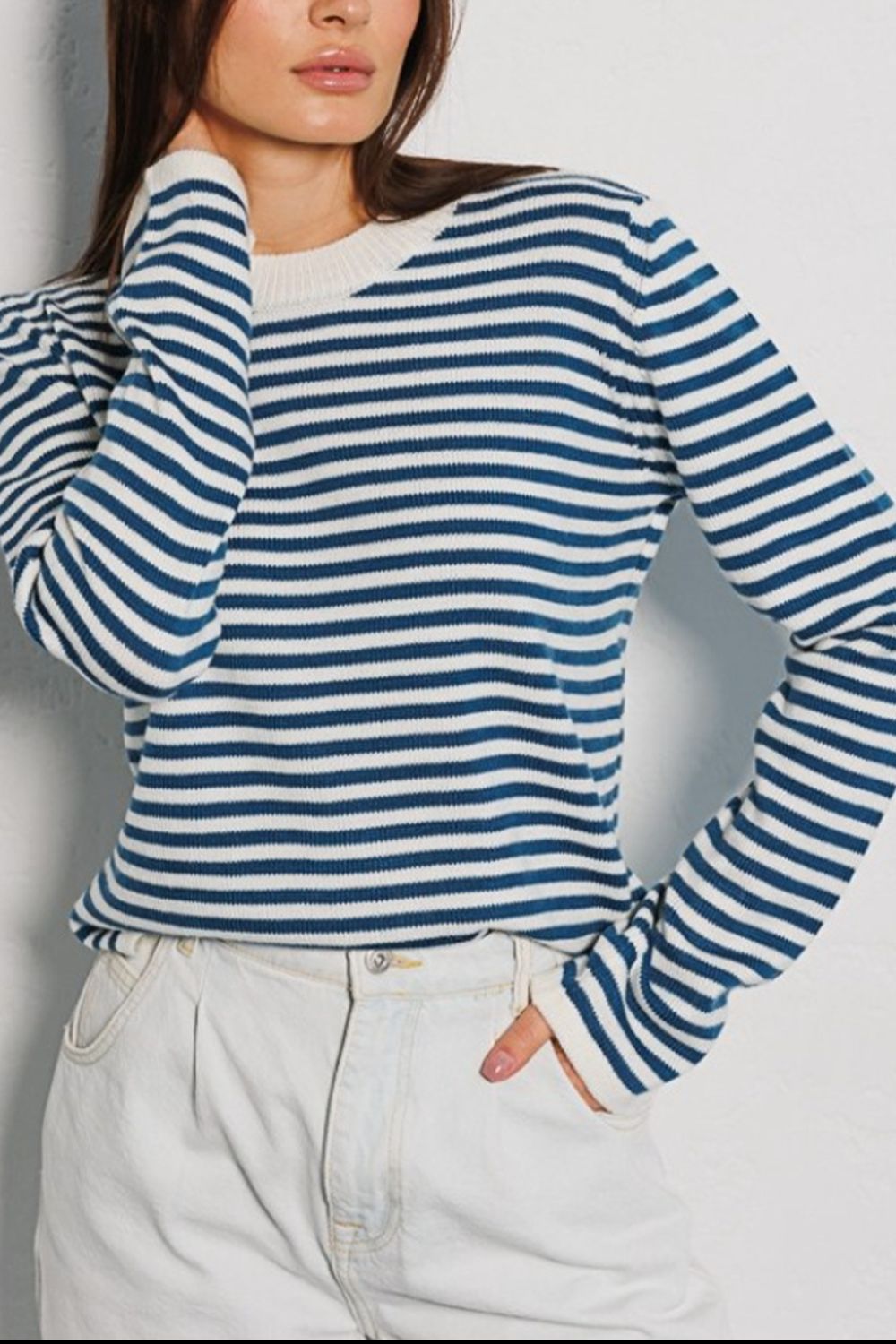 Striped Round Neck Long Sleeve Sweater - Guy Christopher 