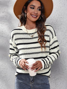 Striped Round Neck Dropped Shoulder Sweater - Guy Christopher 