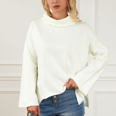 Slit Mock Neck Dropped Shoulder Sweater