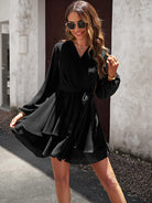 Surplice Neck Tie Waist Long Sleeve Dress - Guy Christopher 