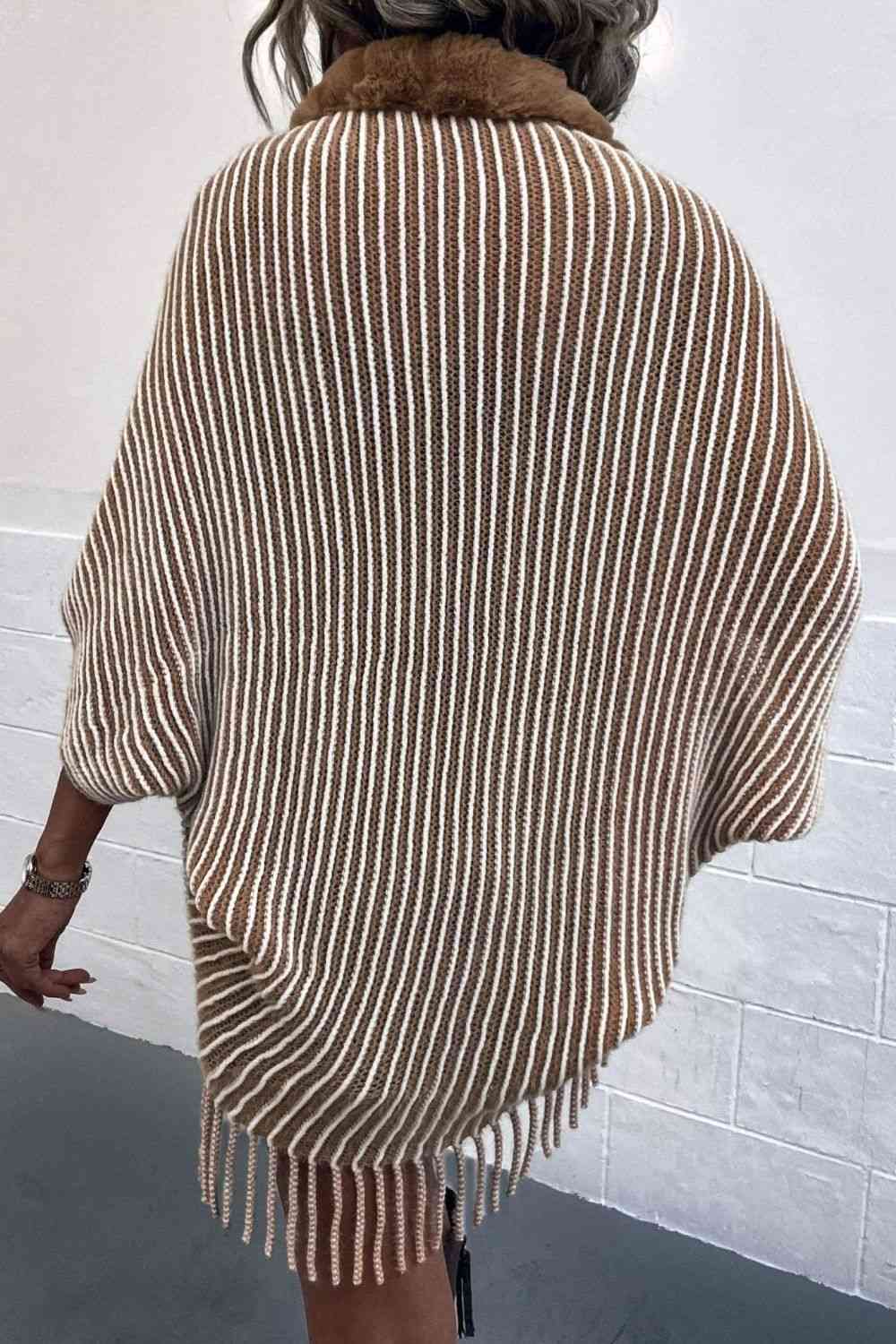 Striped Open Front Fringe Poncho - Guy Christopher 