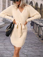 Surplice Neck Tie Waist Sweater Dress - Guy Christopher 