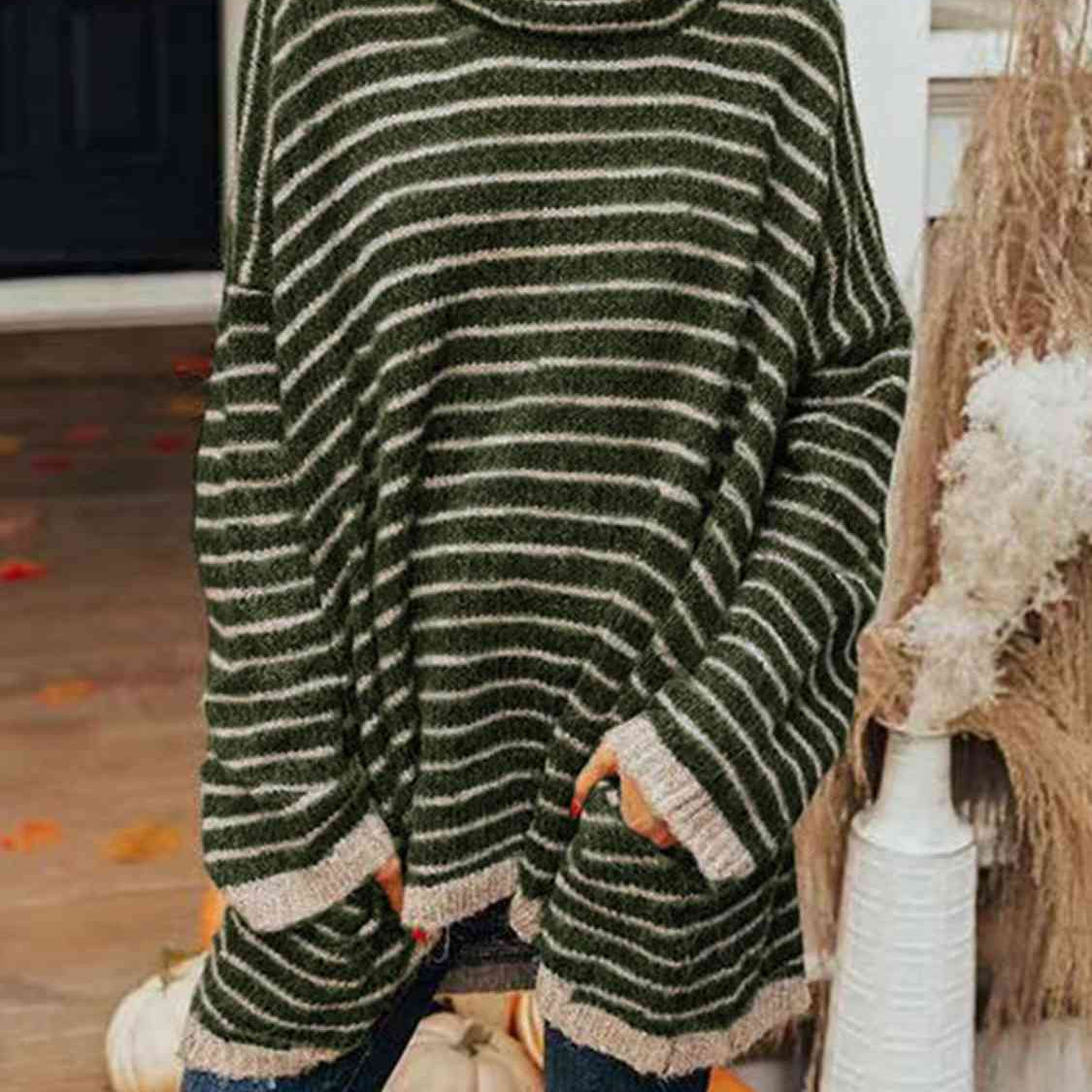 Striped Turtleneck Sweater with Pockets - Guy Christopher 