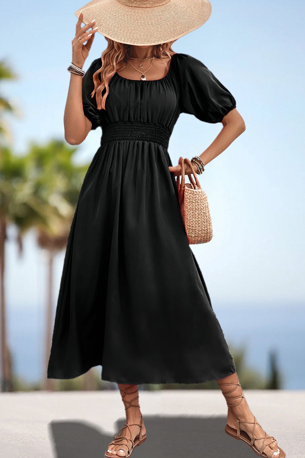 Square Neck Smocked Waist Puff Sleeve Midi Dress - Guy Christopher 