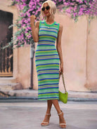 Striped Round Neck Sleeveless Midi Cover Up Dress - Guy Christopher 