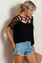 Strappy Neck Spliced Lace Eyelash Trim Blouse - Guy Christopher 