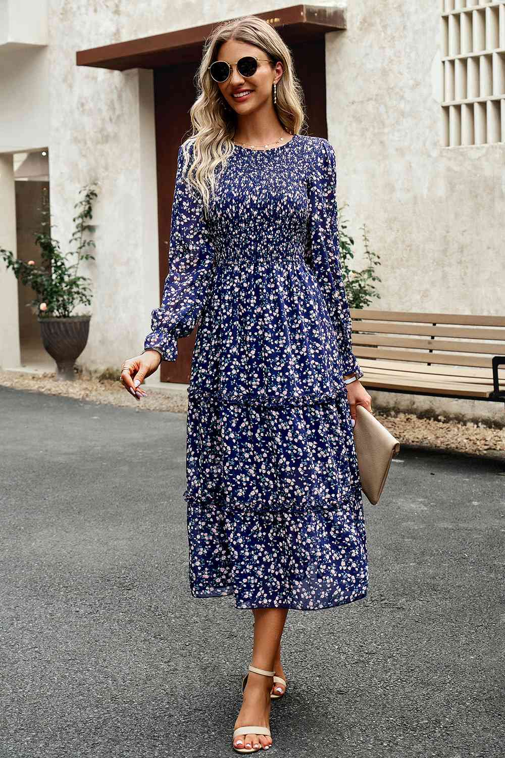 Smocked Flounce Sleeve Midi Dress - Guy Christopher 