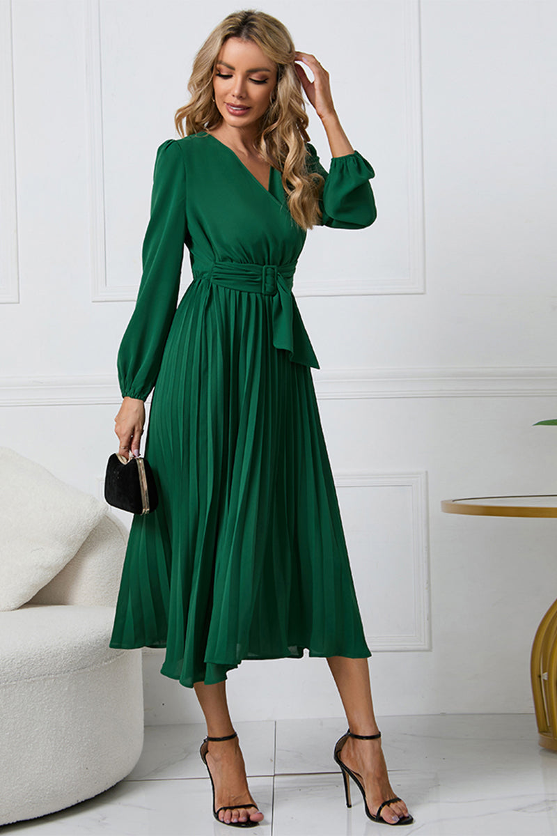 V-Neck Long Sleeve Tie Waist Midi Dress - Guy Christopher 