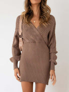 Surplice Neck Long Sleeve Sweater Dress - Guy Christopher 