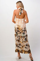 100 Silk Halter maxi dress with palm tree printed - Guy Christopher