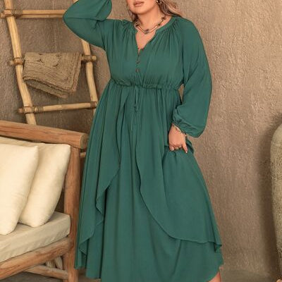 Plus Size Notched Layered Balloon Sleeve Midi Dress