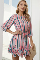 Striped Drawstring Waist Three-Quarter Sleeve Mini Dress - Guy Christopher 