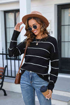 Striped Round Neck Long Sleeve Sweater - Guy Christopher 