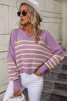 Striped Dropped Shoulder Round Neck Pullover Sweater - Guy Christopher 