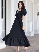 Surplice Neck Ruffle Hem Balloon Sleeve Maxi Dress - Guy Christopher 