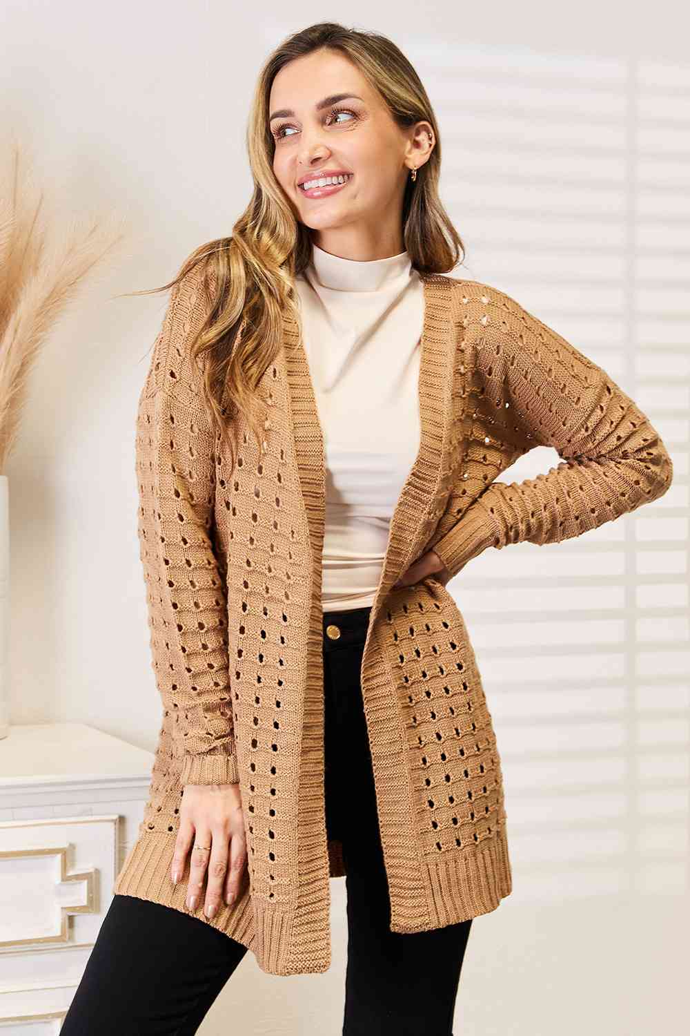 Woven Right Openwork Horizontal Ribbing Open Front Cardigan - Guy Christopher 