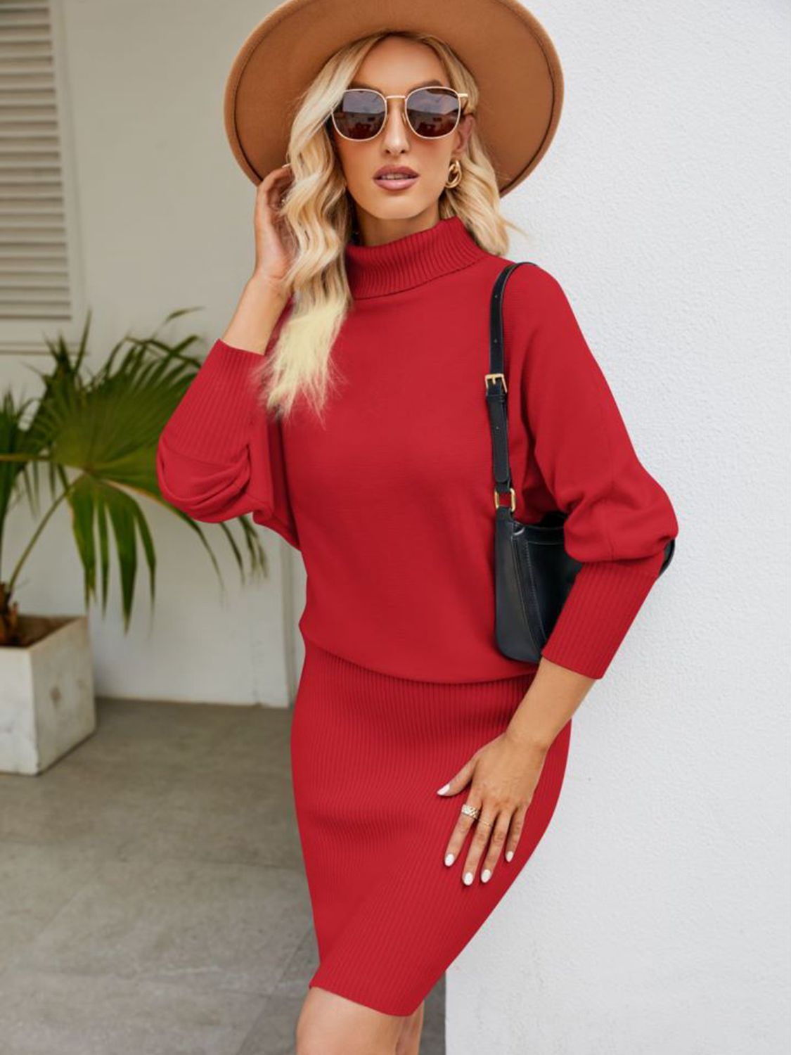 Turtle Neck Long Sleeve Ribbed Sweater Dress - Guy Christopher 