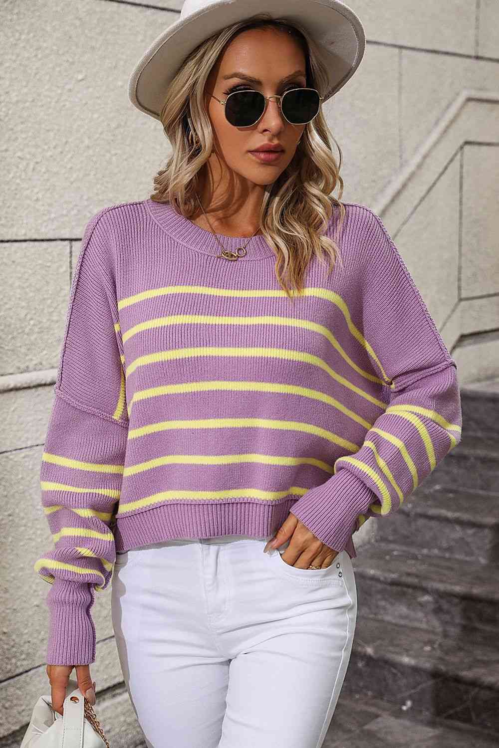 Striped Dropped Shoulder Round Neck Pullover Sweater - Guy Christopher 