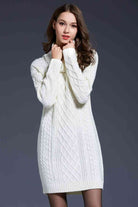 Woven Right Full Size Mixed Knit Cowl Neck Dropped Shoulder Sweater Dress - Guy Christopher 