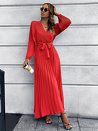 V-Neck Tie Waist Pleated Maxi Dress - Guy Christopher 