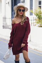 V-Neck Rib-Knit Sweater Dress - Guy Christopher 