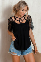 Strappy Neck Spliced Lace Eyelash Trim Blouse - Guy Christopher 