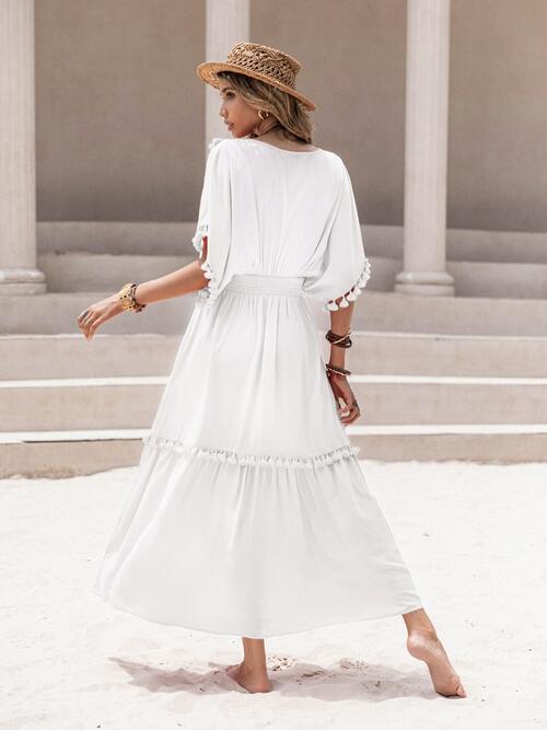 Tassel Trim Smocked V-Neck Short Sleeve Dress - Guy Christopher 