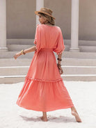 Tassel Trim Smocked V-Neck Short Sleeve Dress - Guy Christopher 