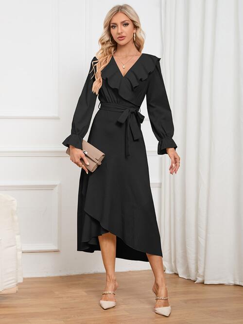 Surplice Tie Front Flounce Sleeve Dress - Guy Christopher 