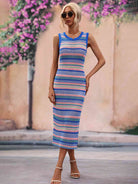 Striped Round Neck Sleeveless Midi Cover Up Dress - Guy Christopher 