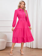 Tie Neck Long Sleeve Tiered Dress - Guy Christopher 