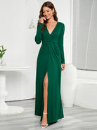 V-Neck Long Sleeve Split Dress - Guy Christopher 