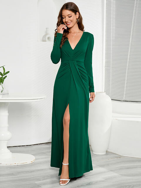 V-Neck Long Sleeve Split Dress - Guy Christopher 