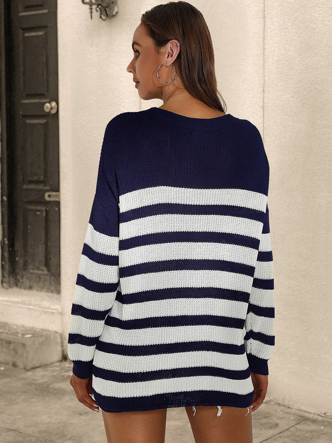 Striped Round Neck Long Sleeve Sweater - Guy Christopher 