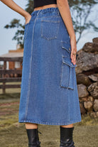 Slit Front Midi Denim Skirt with Pockets - Guy Christopher 