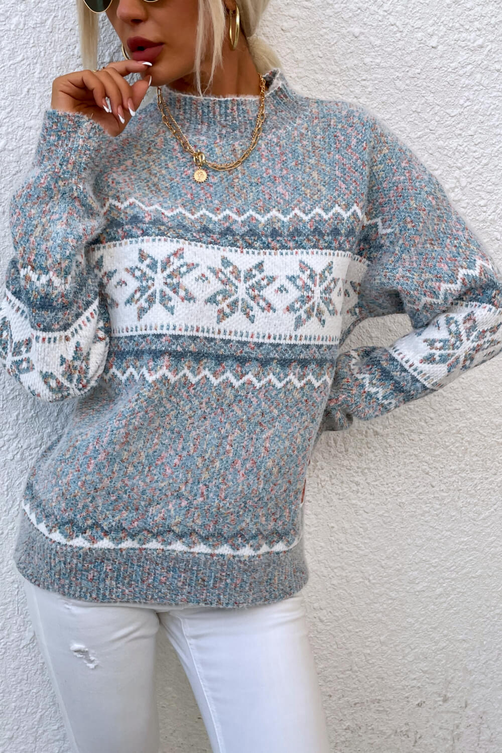 Snowflake Pattern Mock Neck Sweater - Guy Christopher 