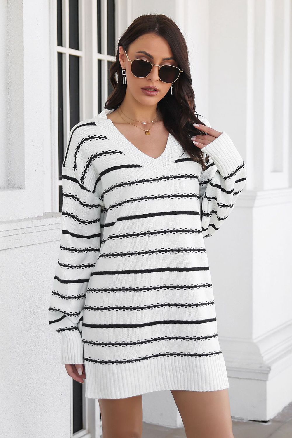 Striped V-Neck Sweater Dress - Guy Christopher 