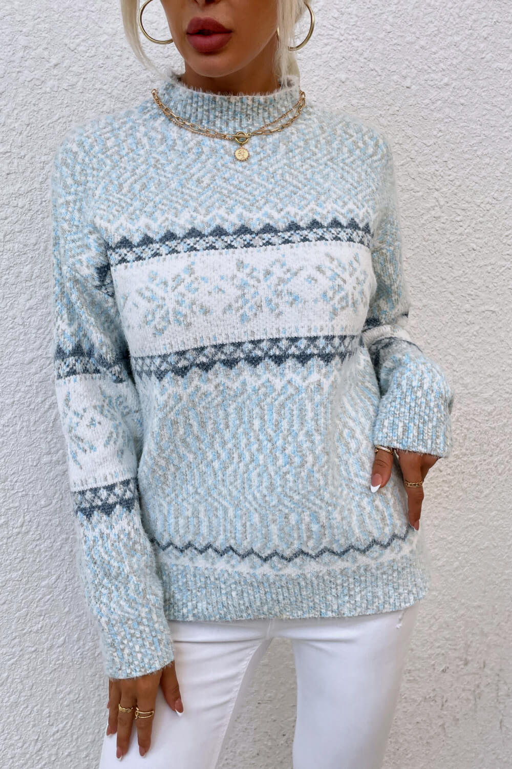 Snowflake Pattern Mock Neck Sweater - Guy Christopher 