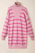 Striped Quarter-Zip Collared Sweater Dress - Guy Christopher 