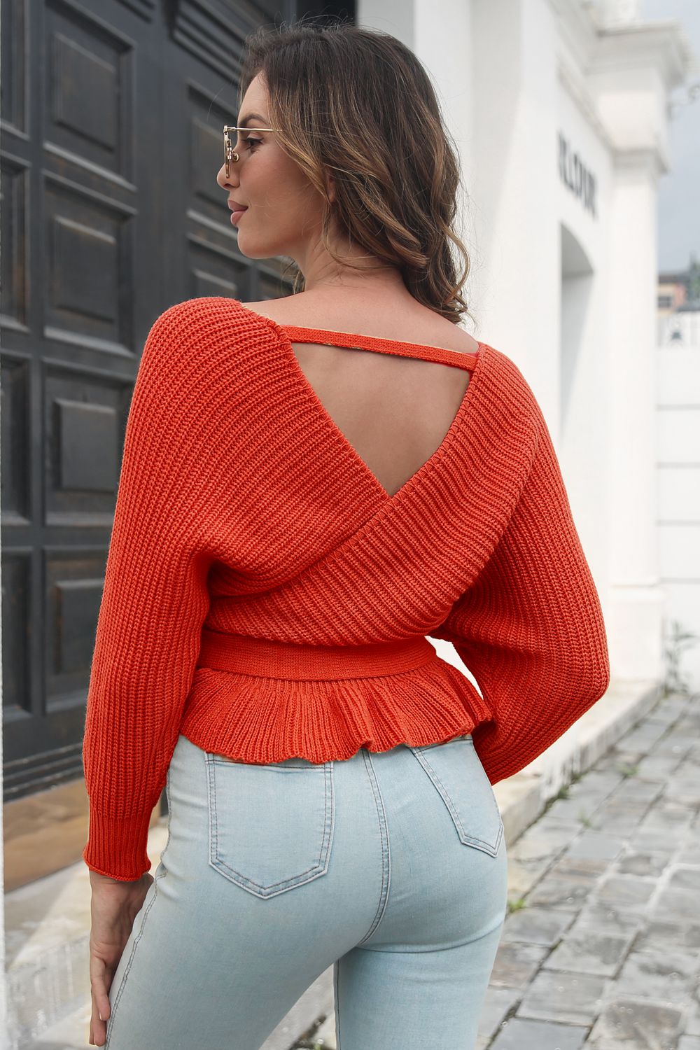 Tie Waist Ruffle Hem Sweater - Guy Christopher 