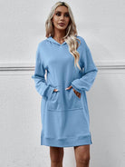 Slit Long Sleeve Hooded Dress with Pocket - Guy Christopher 